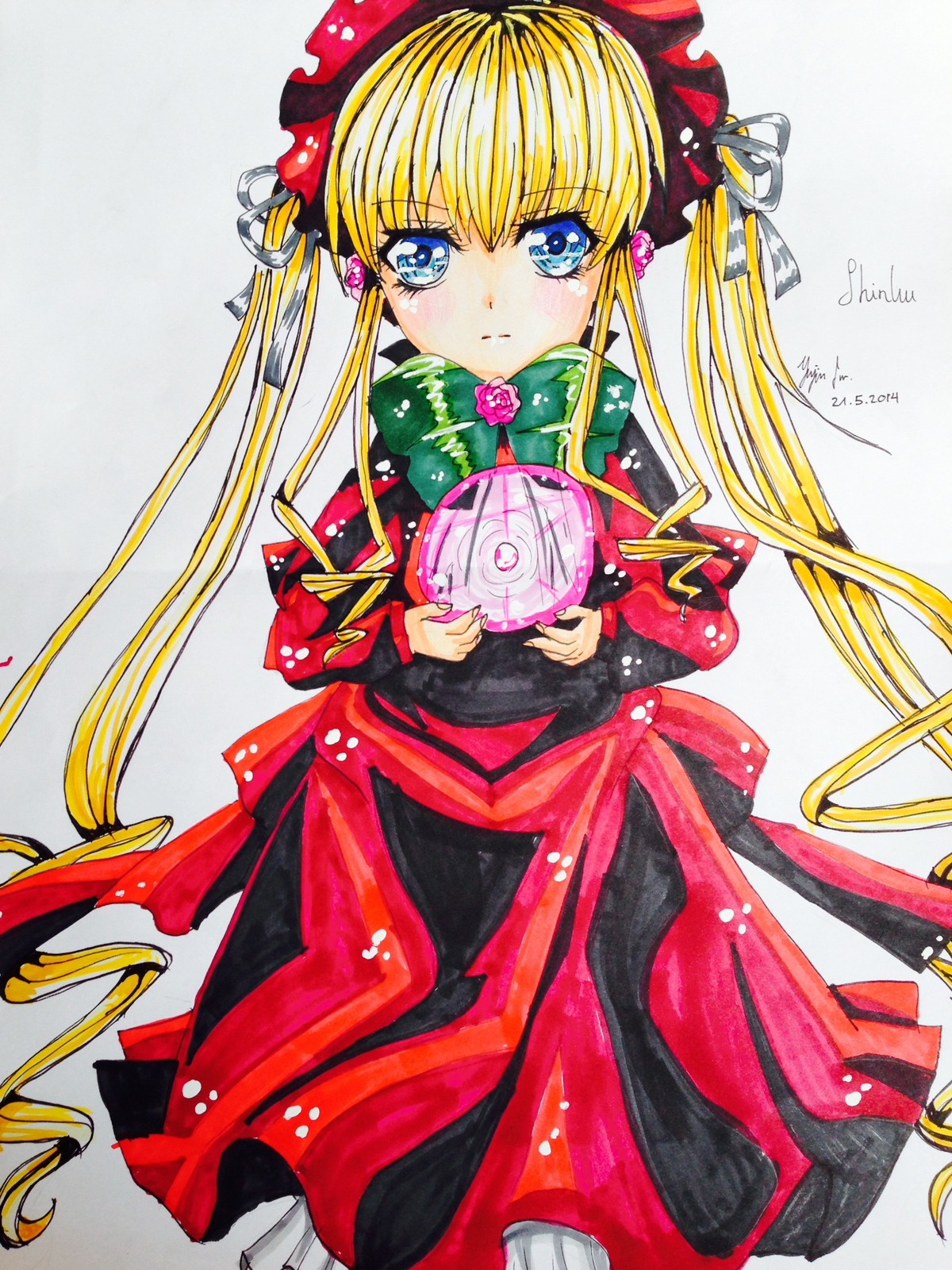 1girl bangs blonde_hair blue_eyes blush bow dated dress holding image long_hair long_sleeves looking_at_viewer marker_(medium) red_dress shinku solo traditional_media twintails