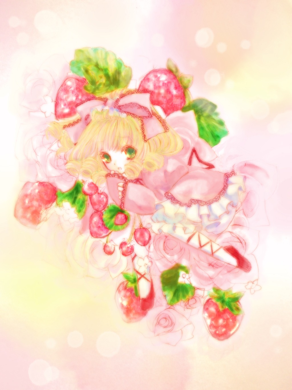 1girl blonde_hair bow dress flower food frills fruit green_eyes hina_ichigo hinaichigo image lying minigirl pink_bow pink_dress pink_footwear solo strawberry