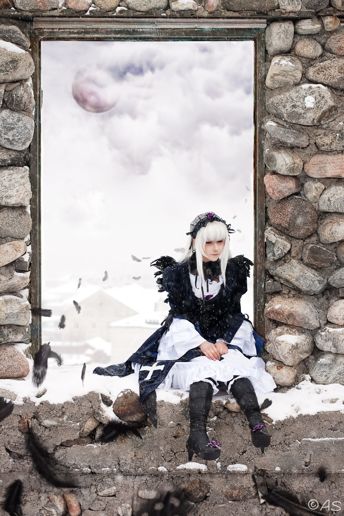 1girl boots closed_eyes hairband long_hair long_sleeves sitting snow solo suigintou white_hair