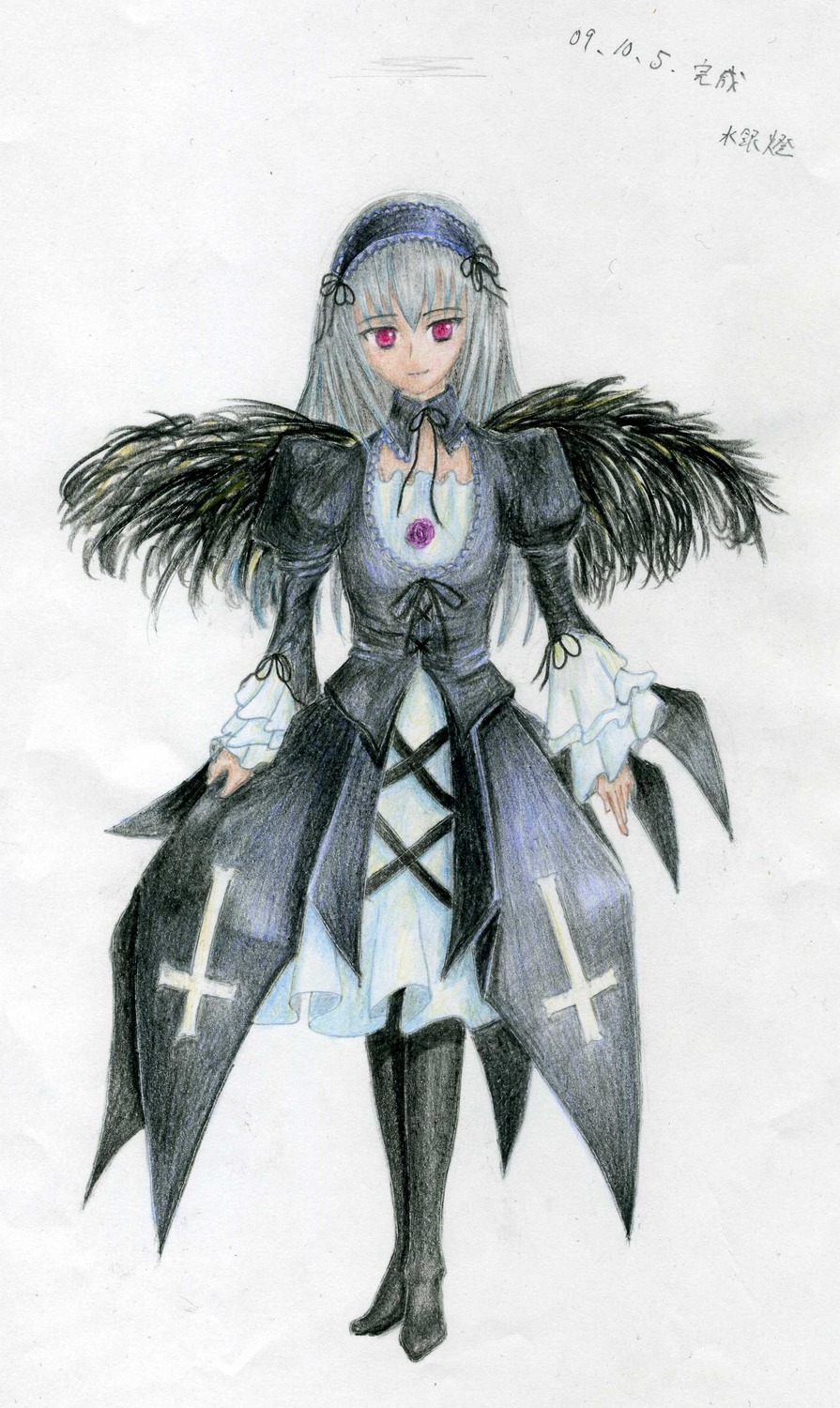 1girl auto_tagged black_wings boots closed_mouth cross-laced_clothes detached_collar dress feathers frills full_body hairband image juliet_sleeves long_hair long_sleeves looking_at_viewer puffy_sleeves red_eyes ribbon silver_hair solo standing suigintou wings