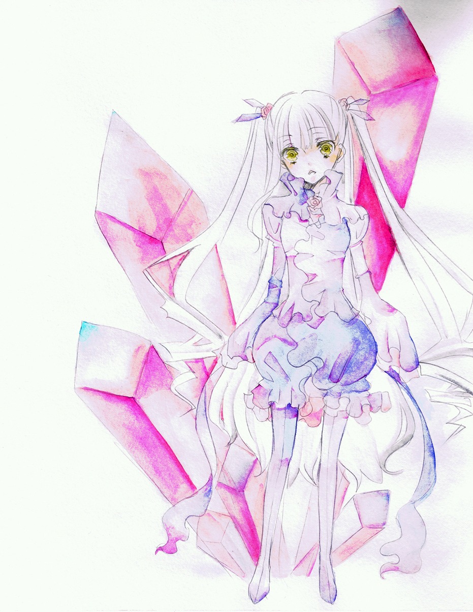 1girl barasuishou dress frills full_body image long_hair looking_at_viewer ribbon solo standing thighhighs traditional_media twintails very_long_hair white_hair yellow_eyes