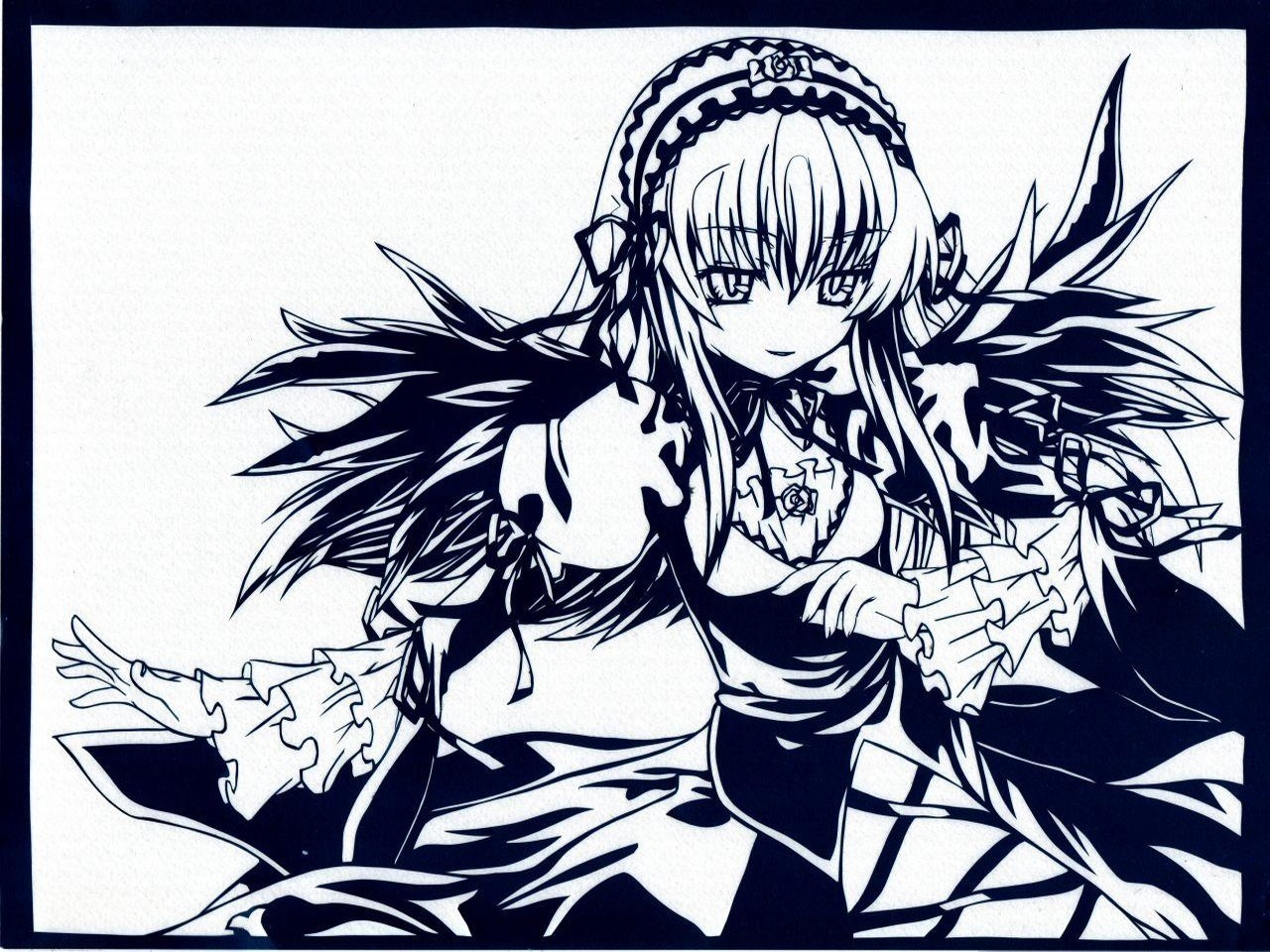 1girl black_border border dress frilled_sleeves frills greyscale hairband image lolita_hairband long_hair long_sleeves looking_at_viewer monochrome shikishi simple_background solo suigintou traditional_media white_background wings