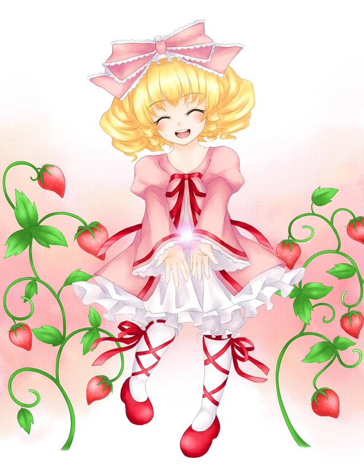 1girl apple blonde_hair bow cherry closed_eyes dress drill_hair flower food frills fruit grapes hina_ichigo hinaichigo holding_fruit image leaf long_sleeves object_namesake open_mouth pantyhose pink_bow plant puffy_sleeves red_flower ribbon rose shoes short_hair smile solo strawberry tomato vines watermelon white_legwear
