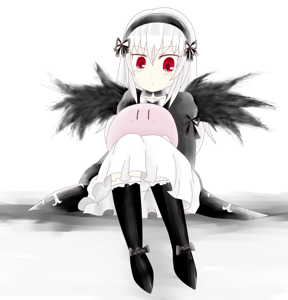 1girl bangs black_dress black_wings blush boots dress feathered_wings frills hairband image long_hair long_sleeves looking_at_viewer puffy_sleeves red_eyes ribbon silver_hair sitting solo suigintou white_background wings