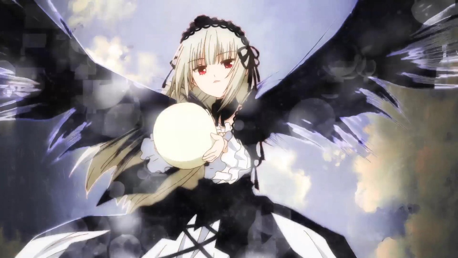 1girl bangs black_dress black_ribbon black_wings cloud dress flower frills hairband image long_hair long_sleeves looking_at_viewer red_eyes ribbon rose silver_hair solo suigintou very_long_hair wings