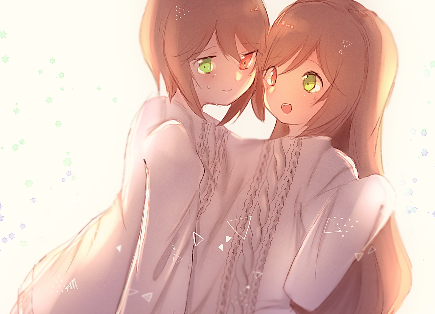 2girls :d brown_hair green_eyes heterochromia image long_hair long_sleeves lush multiple_girls open_mouth pair red_eyes shirt short_hair siblings sisters smile souseiseki striped striped_background suiseiseki twins upper_body vertical_stripes