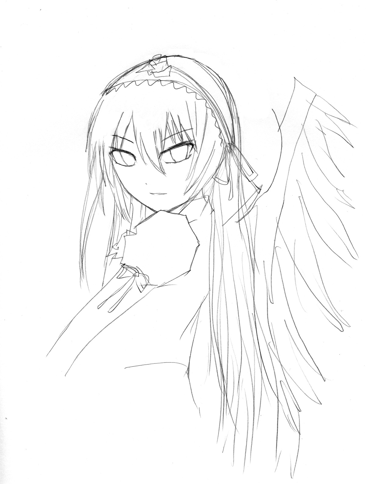 1girl angel_wings auto_tagged blush eyebrows_visible_through_hair feathered_wings greyscale hair_ribbon hairband holding image long_hair long_sleeves looking_at_viewer monochrome ribbon simple_background solo suigintou upper_body very_long_hair white_background wings