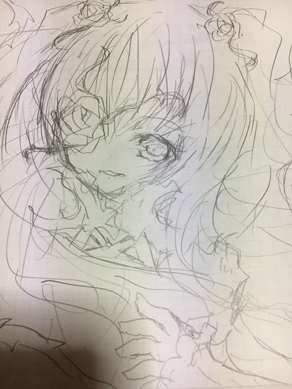 1girl flower hair_flower hair_ornament image kirakishou looking_at_viewer monochrome rose sketch solo traditional_media