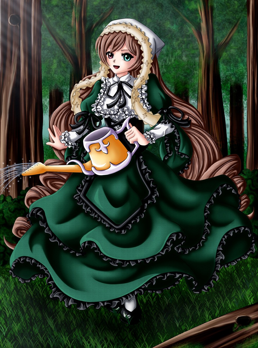 1girl :d brown_hair dress forest frills green_dress green_eyes heterochromia image long_hair long_sleeves nature open_mouth outdoors red_eyes smile solo standing suiseiseki tree twintails very_long_hair watering_can