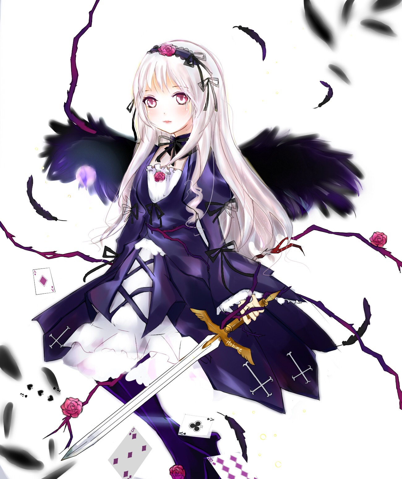 1girl auto_tagged black_wings dress feathers flower frills hairband image long_hair long_sleeves looking_at_viewer pink_eyes purple_flower purple_rose red_flower red_rose ribbon rose silver_hair solo suigintou sword weapon wings