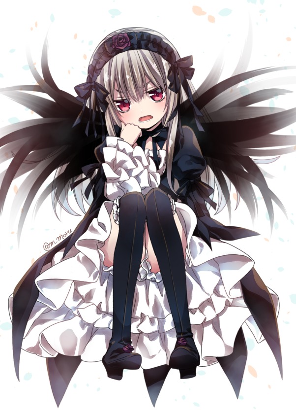 1girl black_dress black_footwear black_ribbon black_wings blush boots dress flower frills full_body hairband high_heel_boots image knee_boots lolita_fashion long_hair long_sleeves looking_at_viewer open_mouth red_eyes ribbon rose silver_hair solo suigintou very_long_hair wings