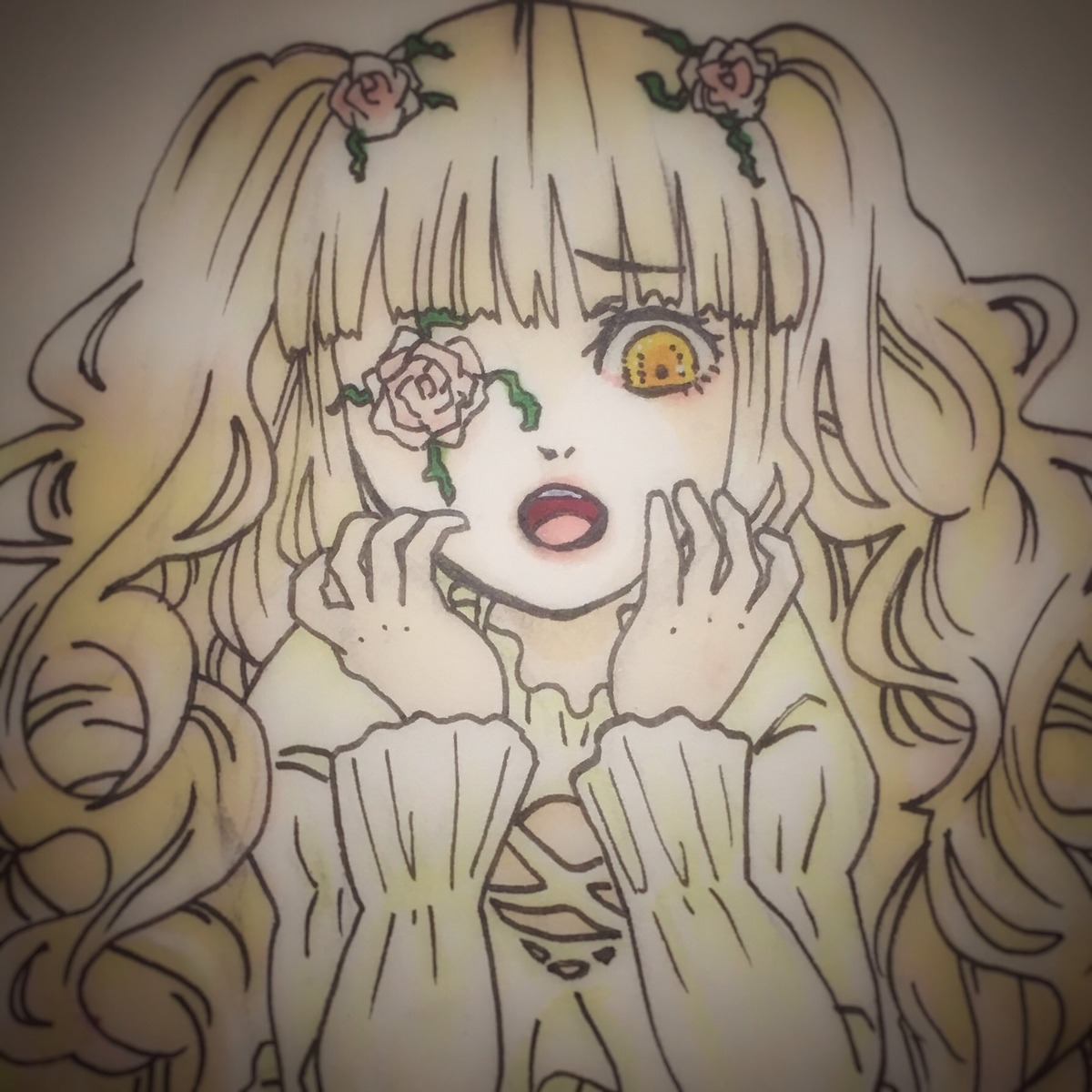 1girl bangs blonde_hair blunt_bangs flower image kirakishou long_hair long_sleeves open_mouth rose solo thorns upper_body yellow_eyes