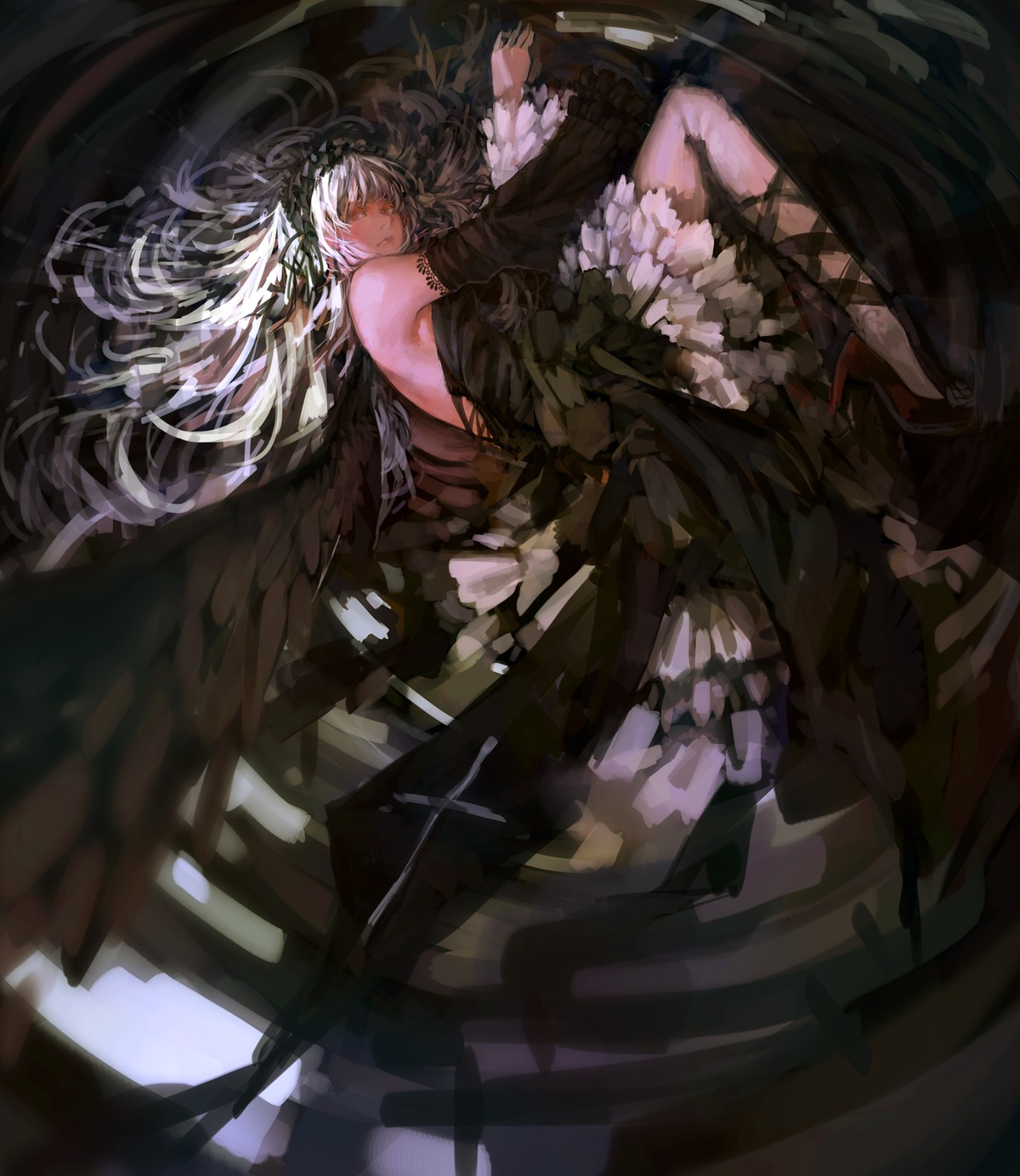 1girl bad_id bad_pixiv_id bare_back black_wings blueman detached_sleeves dress fetal_position frills full_body gothic_lolita hairband high_heels highres image layered_skirt lolita_fashion long_hair looking_at_viewer lying on_side pantyhose plantar_flexion red_eyes rozen_maiden silver_hair skirt solo suigintou very_long_hair white_hair white_legwear wings