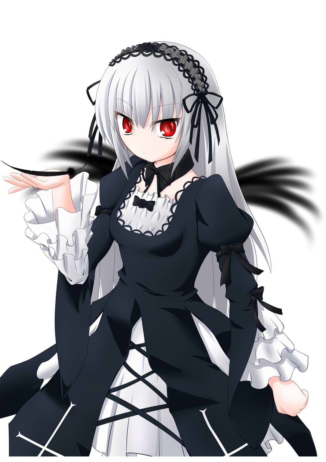 1girl bangs closed_mouth cowboy_shot detached_collar dress frills hairband image juliet_sleeves long_hair long_sleeves looking_at_viewer puffy_sleeves red_eyes ribbon silver_hair simple_background solo suigintou white_background wings