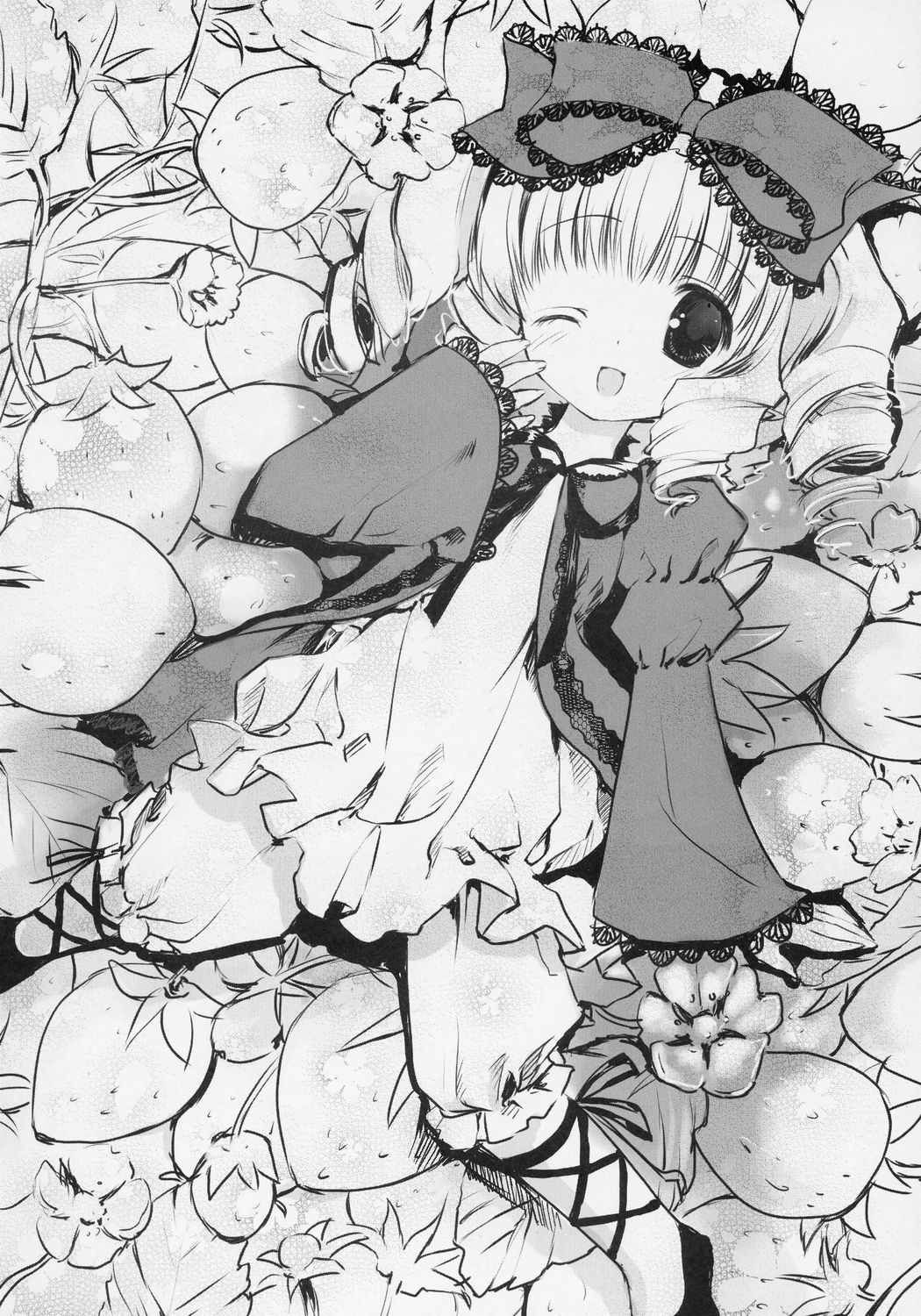 1girl bloomers blush bow dress drill_hair flower fruit greyscale hair_bow hina_ichigo hinaichigo image long_sleeves monochrome one_eye_closed open_mouth ribbon smile solo traditional_media underwear