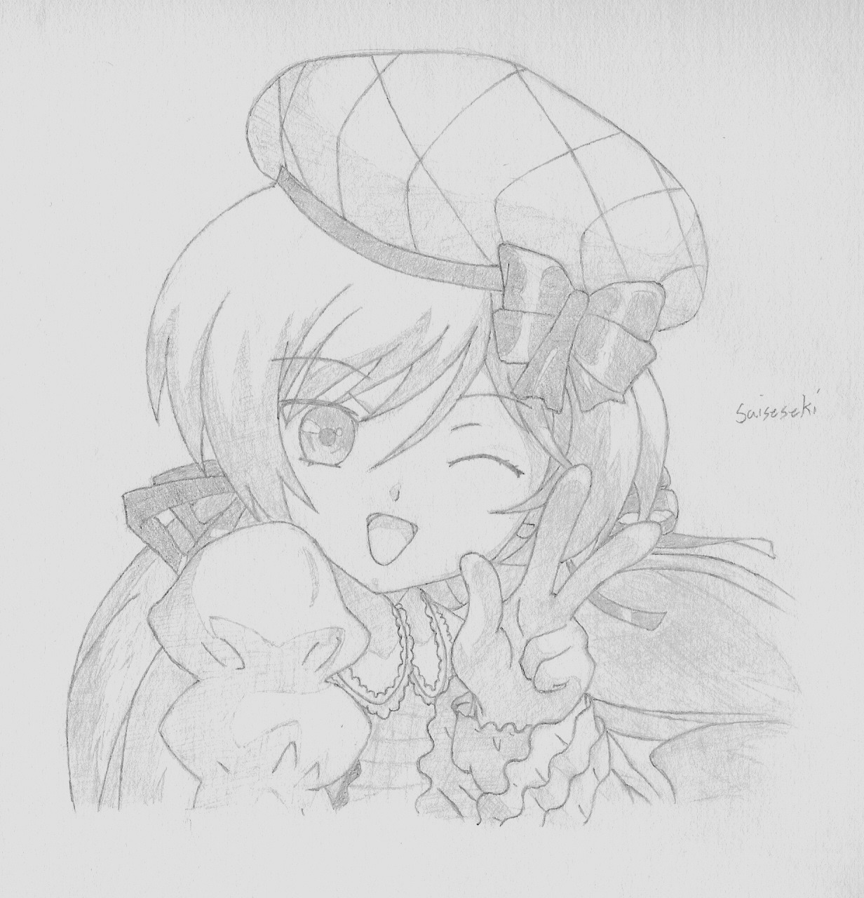 1girl blush bow hat hat_bow image long_hair looking_at_viewer mini_hat monochrome one_eye_closed open_mouth smile solo suiseiseki top_hat traditional_media v_over_eye