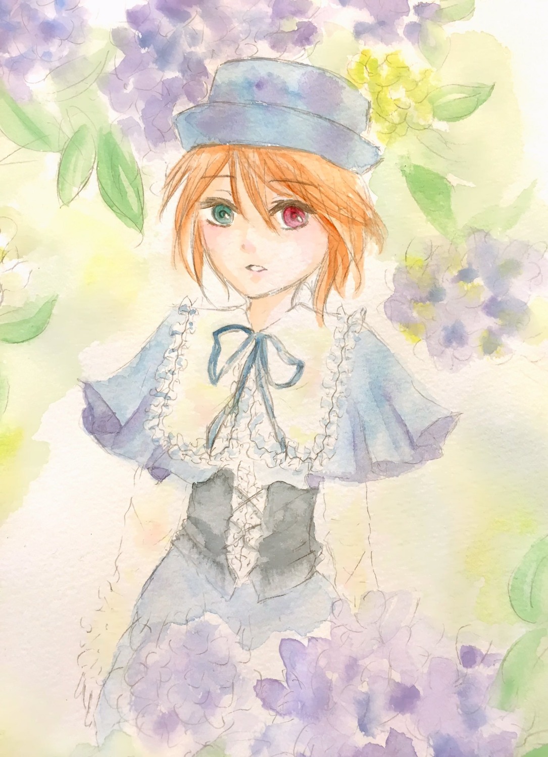 1girl blue_dress dress flower frills green_eyes hat heterochromia image looking_at_viewer red_eyes ribbon short_hair solo souseiseki traditional_media watercolor_(medium)