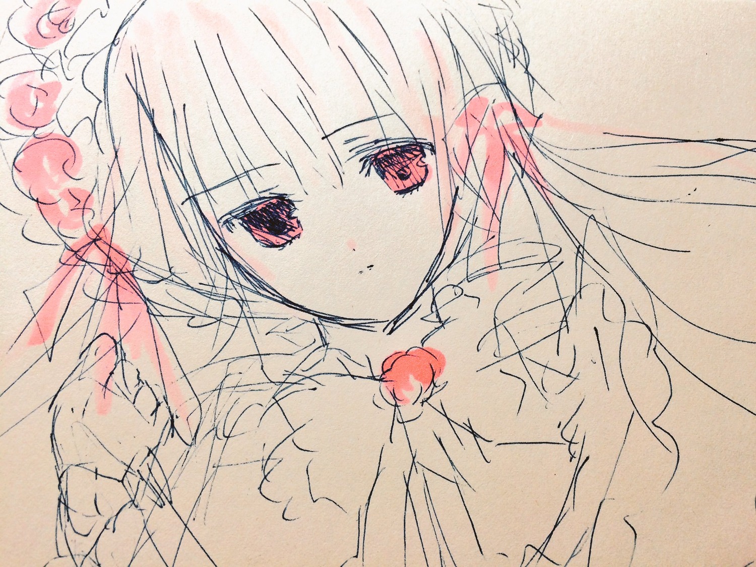 1girl bangs closed_mouth eyebrows_visible_through_hair flower food fruit hair_flower image long_hair looking_at_viewer monochrome pink_hair pink_theme red_flower red_rose rose shinku simple_background sketch solo spot_color upper_body