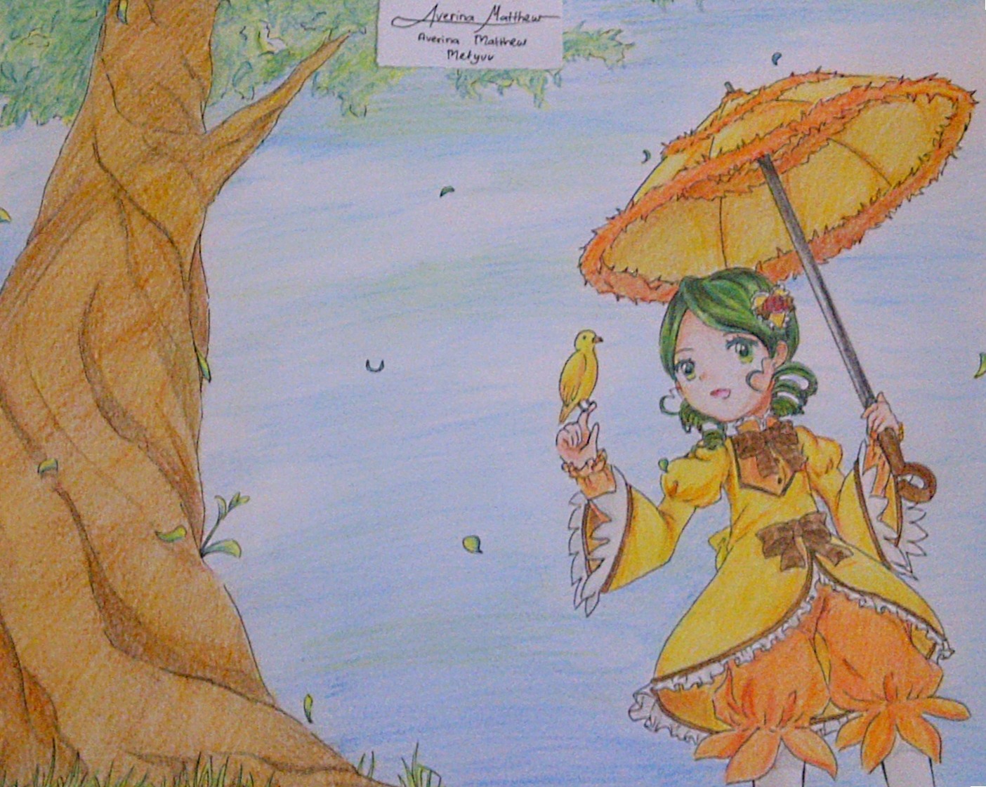 1girl autumn_leaves bird dress flower frills green_eyes green_hair hair_flower hair_ornament holding holding_leaf holding_umbrella image kanaria leaf long_sleeves orange_dress outdoors parasol sky solo traditional_media tree umbrella wide_sleeves