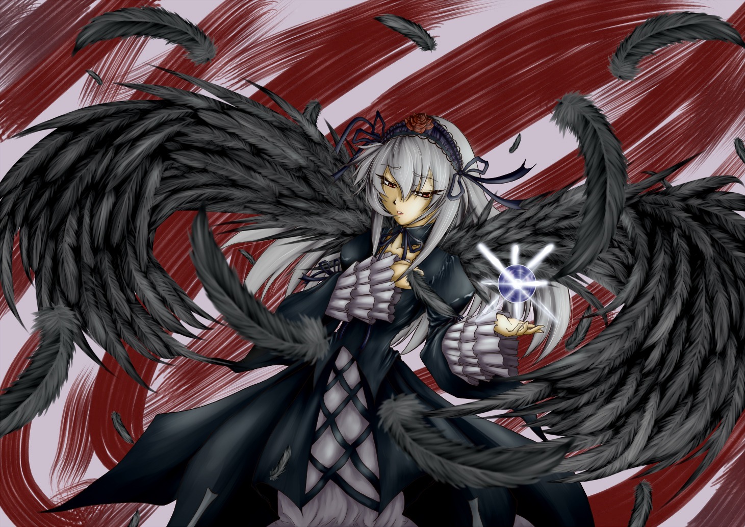 1girl black_dress black_feathers black_wings dress feathered_wings feathers flower frills hairband image lolita_hairband long_hair long_sleeves looking_at_viewer ribbon rose silver_hair solo suigintou wings