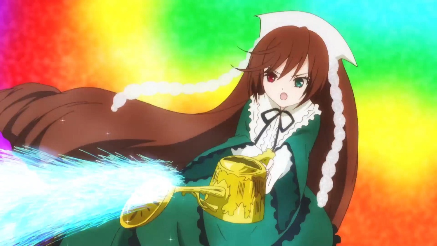 1girl :o auto_tagged brown_hair dress frills green_dress green_eyes heterochromia holding image long_hair long_sleeves looking_at_viewer open_mouth red_eyes solo suiseiseki twintails very_long_hair watering_can