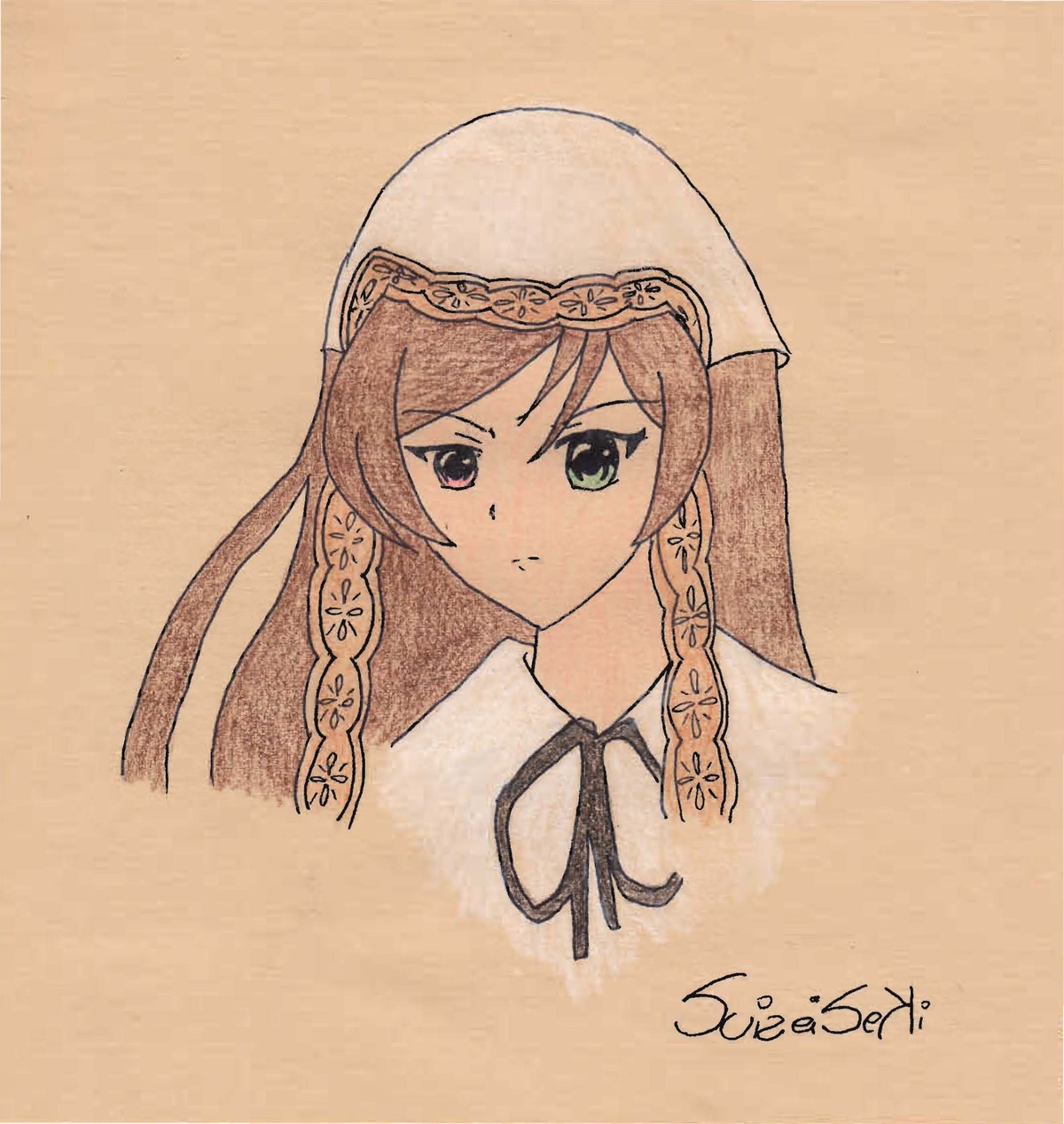 1girl auto_tagged bangs beige_background black_ribbon braid brown_background brown_hair closed_mouth eyebrows_visible_through_hair green_eyes heterochromia image long_hair looking_at_viewer neck_ribbon ribbon simple_background solo suiseiseki twin_braids veil