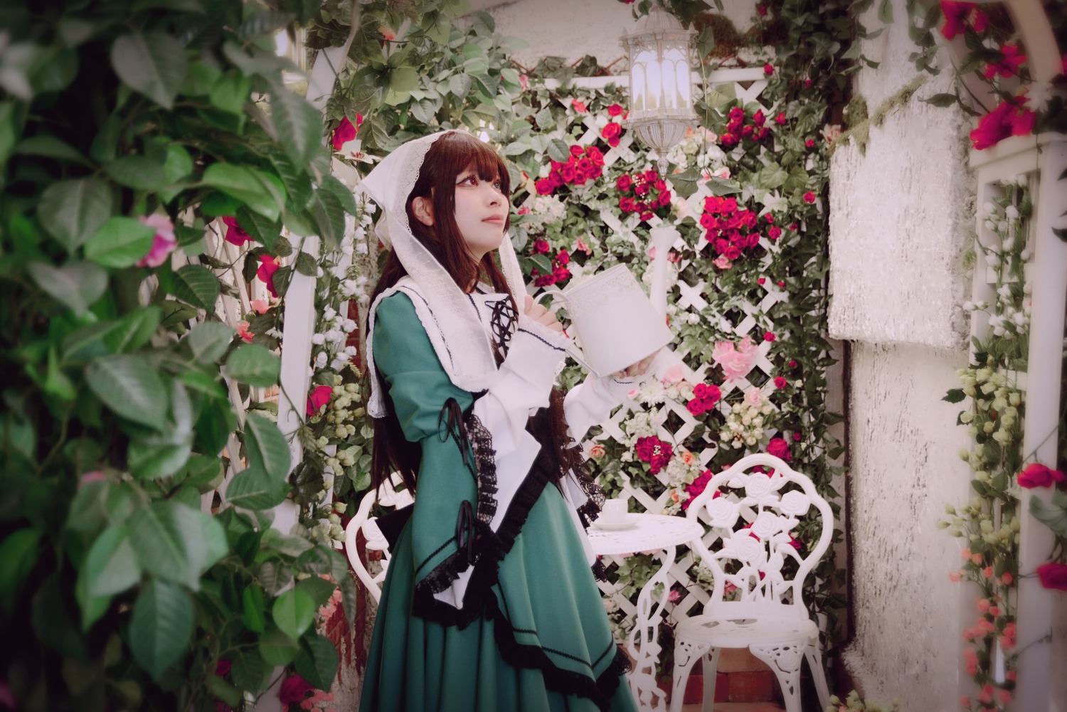 1girl blurry brown_hair depth_of_field dress flower green_dress hood long_hair long_sleeves plant red_eyes solo suiseiseki veil