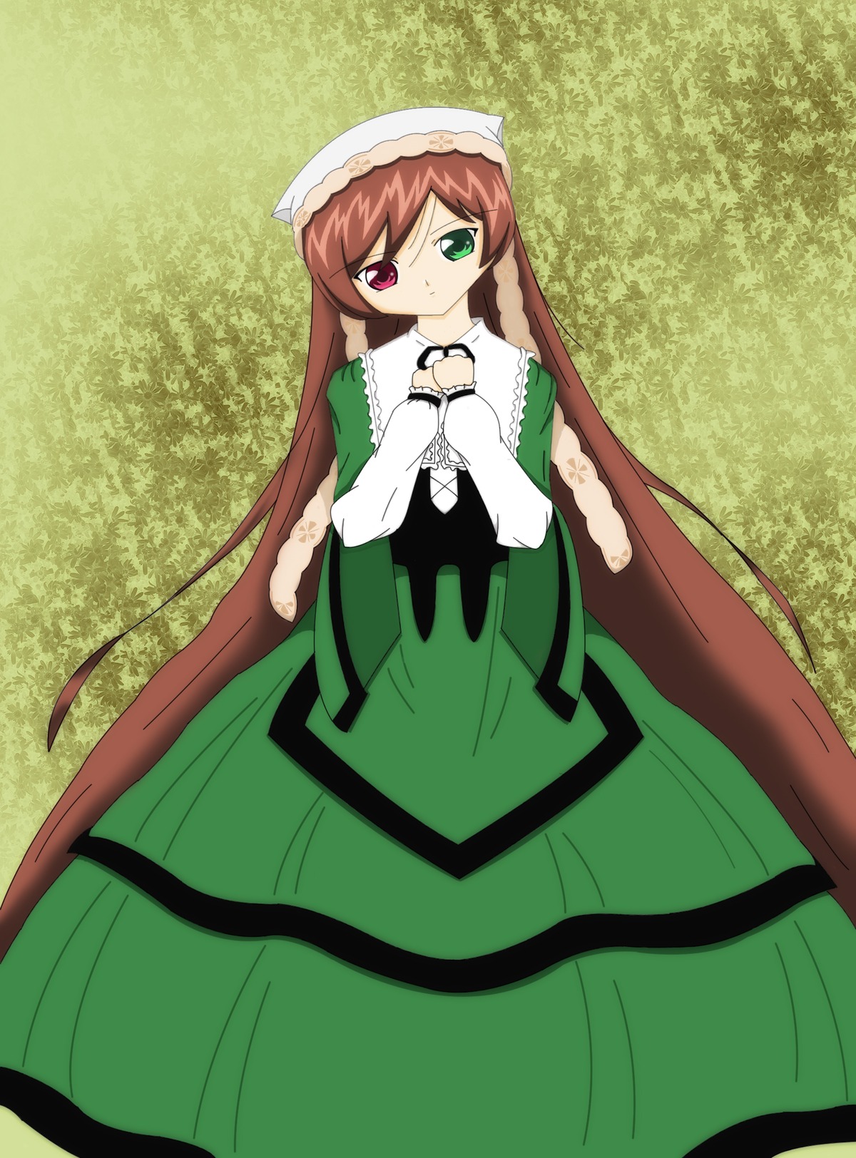 1girl brown_hair dress frills green_dress green_eyes hat head_scarf heterochromia image long_hair long_sleeves looking_at_viewer red_eyes solo standing suiseiseki twintails very_long_hair