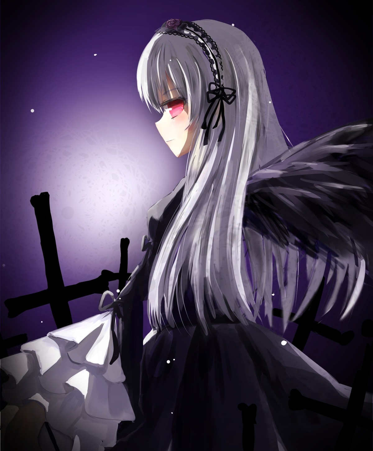 1girl auto_tagged black_dress black_hairband black_ribbon black_wings dress frills hairband image long_hair long_sleeves pink_eyes rose silver_hair smile solo suigintou very_long_hair wings