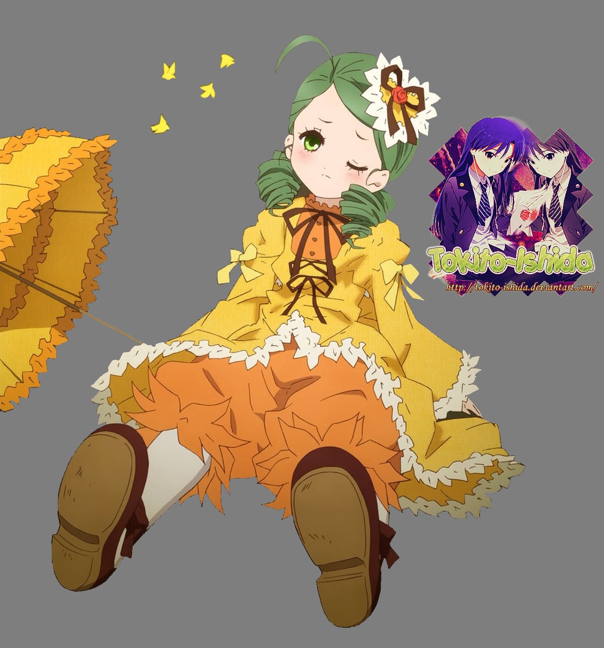 ahoge blush boots bug butterfly dress drill_hair green_eyes green_hair image insect kanaria multiple_girls one_eye_closed parasol purple_hair ribbon solo striped umbrella