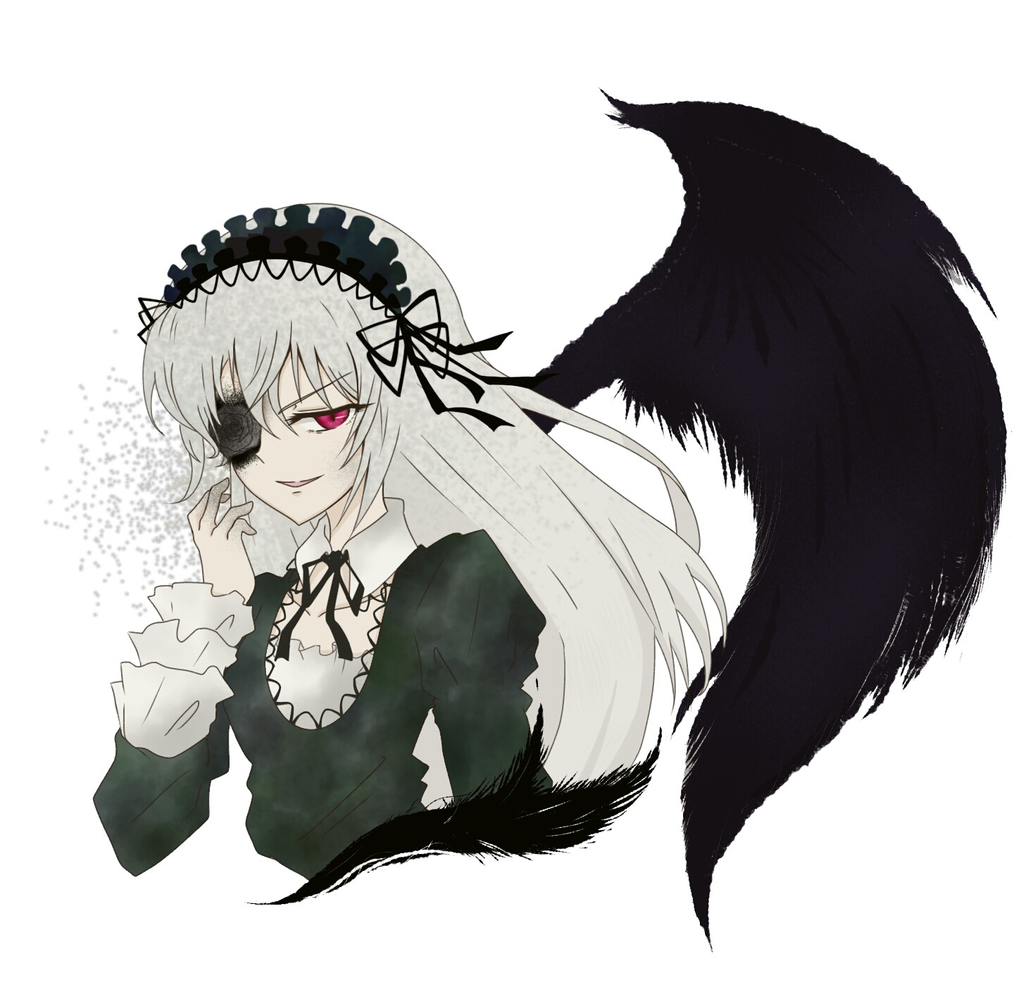 1girl black_wings dress frills hairband image long_hair long_sleeves looking_at_viewer neck_ribbon red_eyes silver_hair simple_background smile solo suigintou upper_body white_background wings