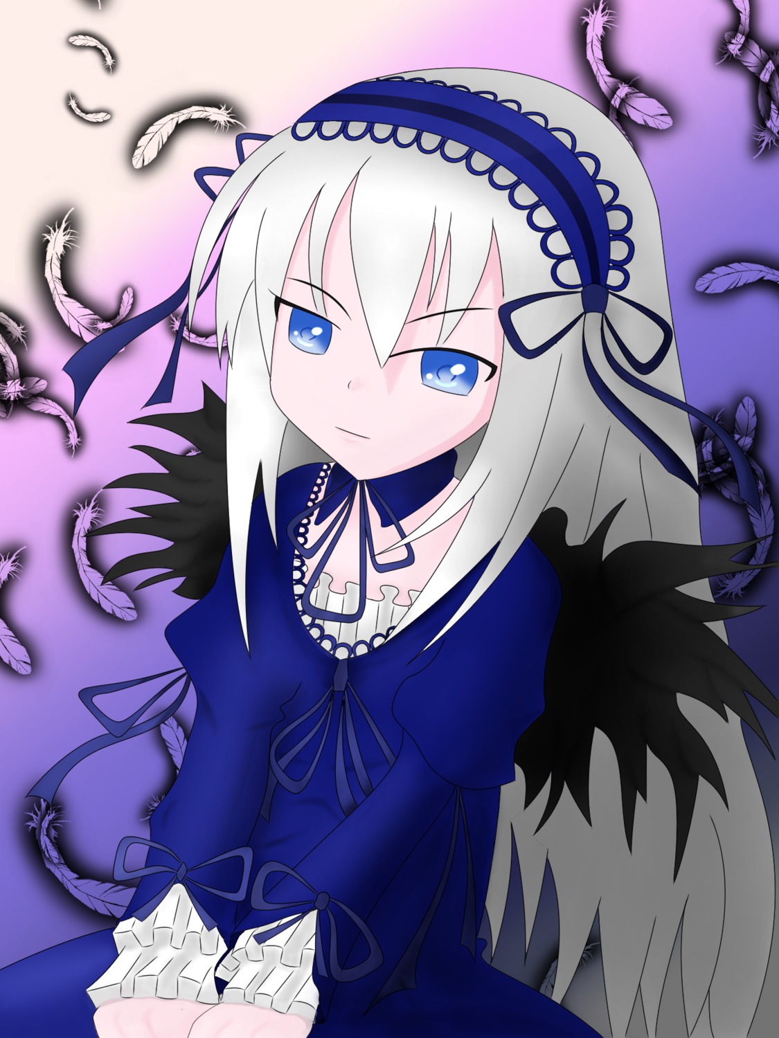 1girl bird black_feathers black_wings blue_eyes dress feathered_wings feathers flower frills hairband image long_hair long_sleeves ribbon silver_hair solo suigintou white_feathers wings