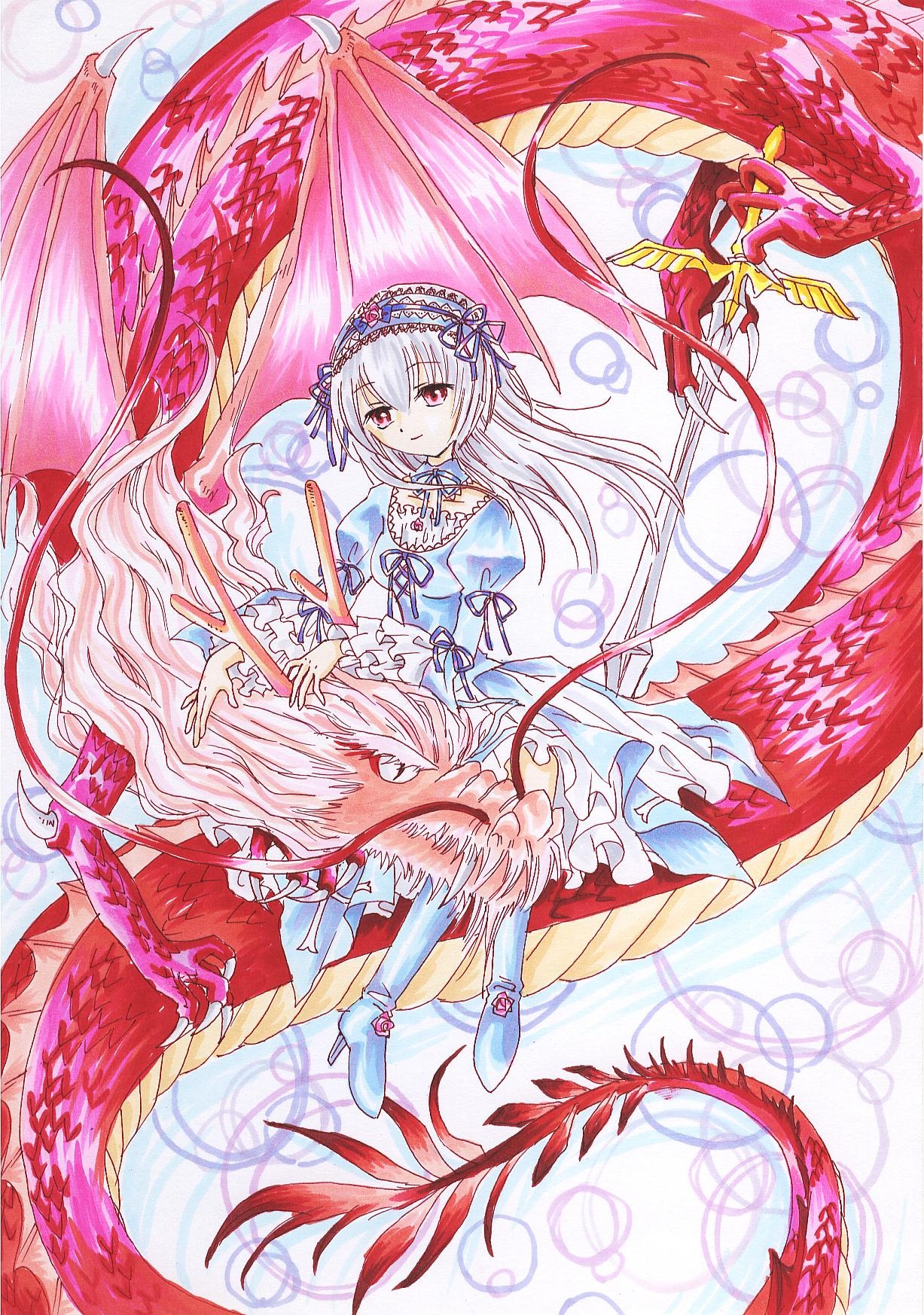 1girl dragon dress frills hairband image lolita_hairband long_hair long_sleeves looking_at_viewer red_eyes silver_hair solo suigintou traditional_media wide_sleeves