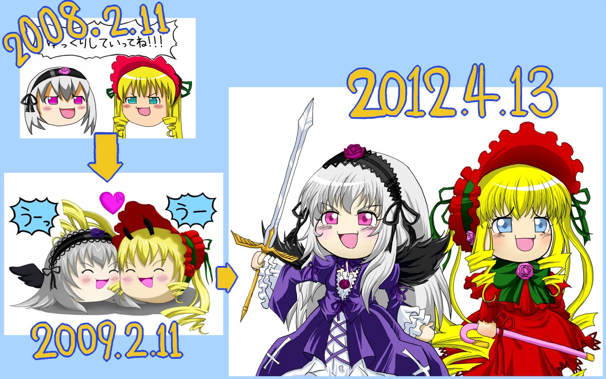 anger_vein black_wings blonde_hair blush bonnet dress drill_hair flower frills hairband image lolita_hairband long_sleeves multiple_girls pair pink_bow pink_eyes red_dress rose shinku silver_hair smile suigintou twintails wings