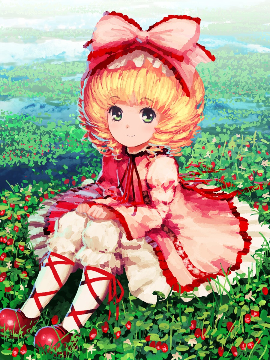 1girl blonde_hair bloomers bow cross-laced_footwear day dress flower frills fruit green_eyes hair_bow hina_ichigo hinaichigo image long_sleeves looking_at_viewer outdoors pink_bow puffy_sleeves ribbon short_hair sitting smile solo