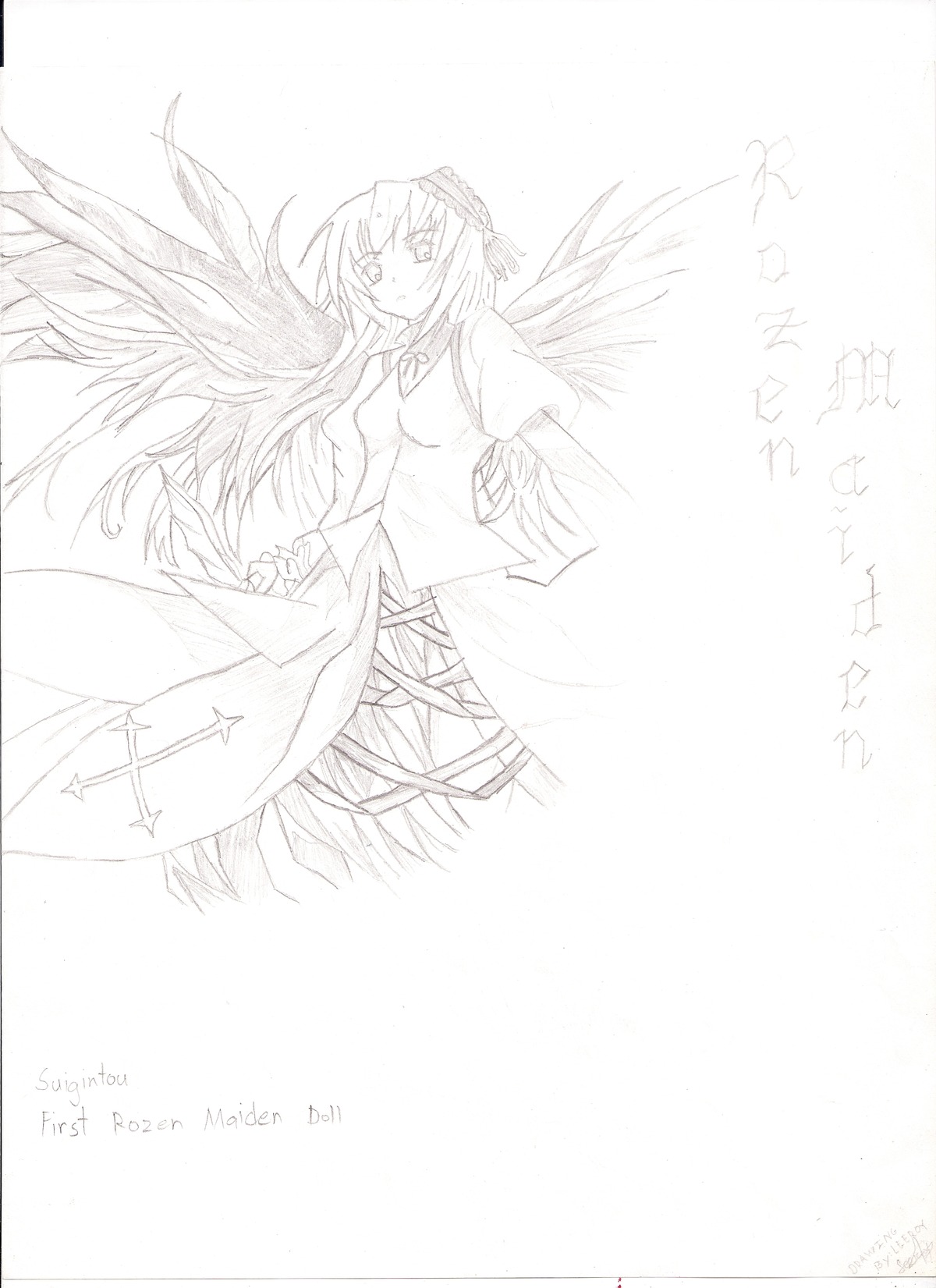 1girl akemi_homura auto_tagged bow dress feathered_wings greyscale image long_hair long_sleeves looking_at_viewer monochrome puffy_sleeves simple_background solo suigintou white_background wings
