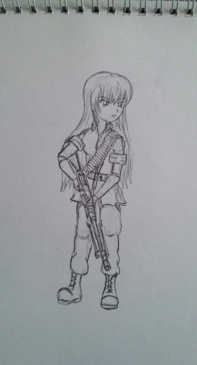 1girl assault_rifle boots gloves greyscale gun image long_hair military monochrome rifle sketch solo suigintou traditional_media weapon