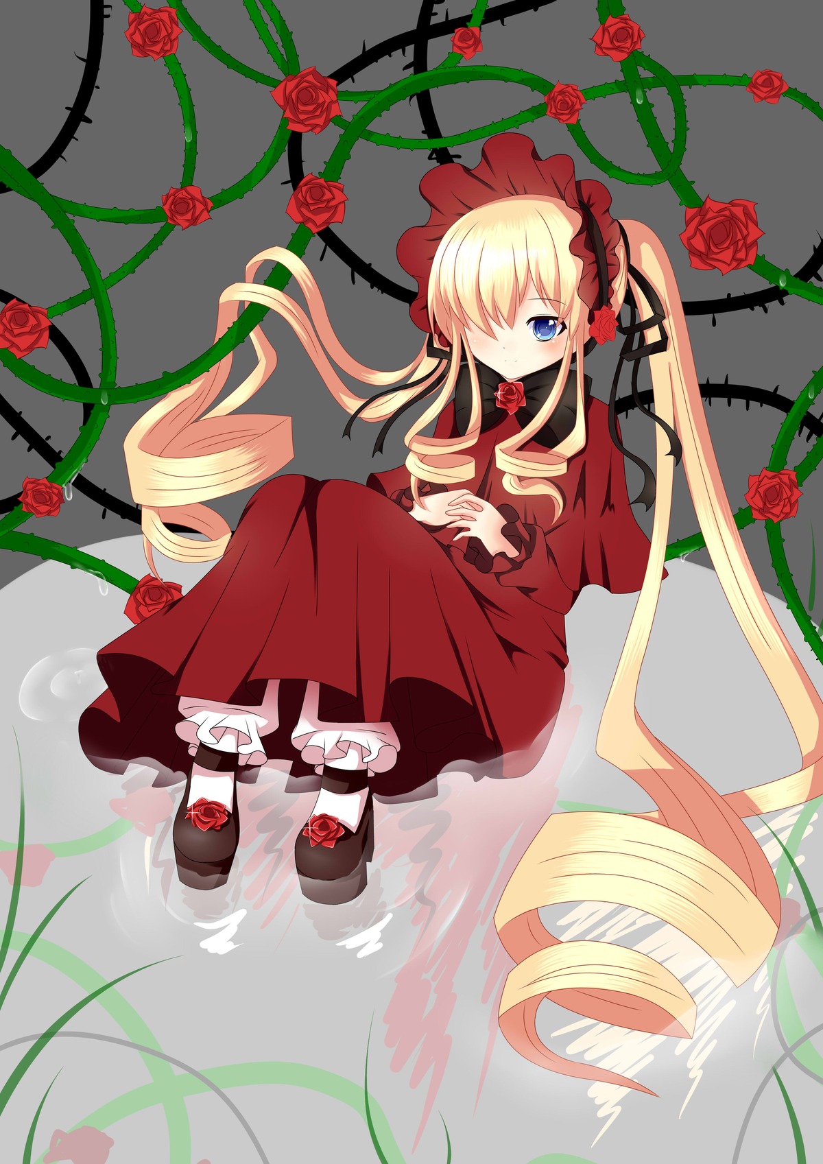 1girl blonde_hair blue_eyes bonnet bow dress drill_hair flower image lolita_fashion long_hair looking_at_viewer plant red_capelet red_dress red_flower red_rose rose shinku sitting solo thorns twin_drills twintails very_long_hair vines