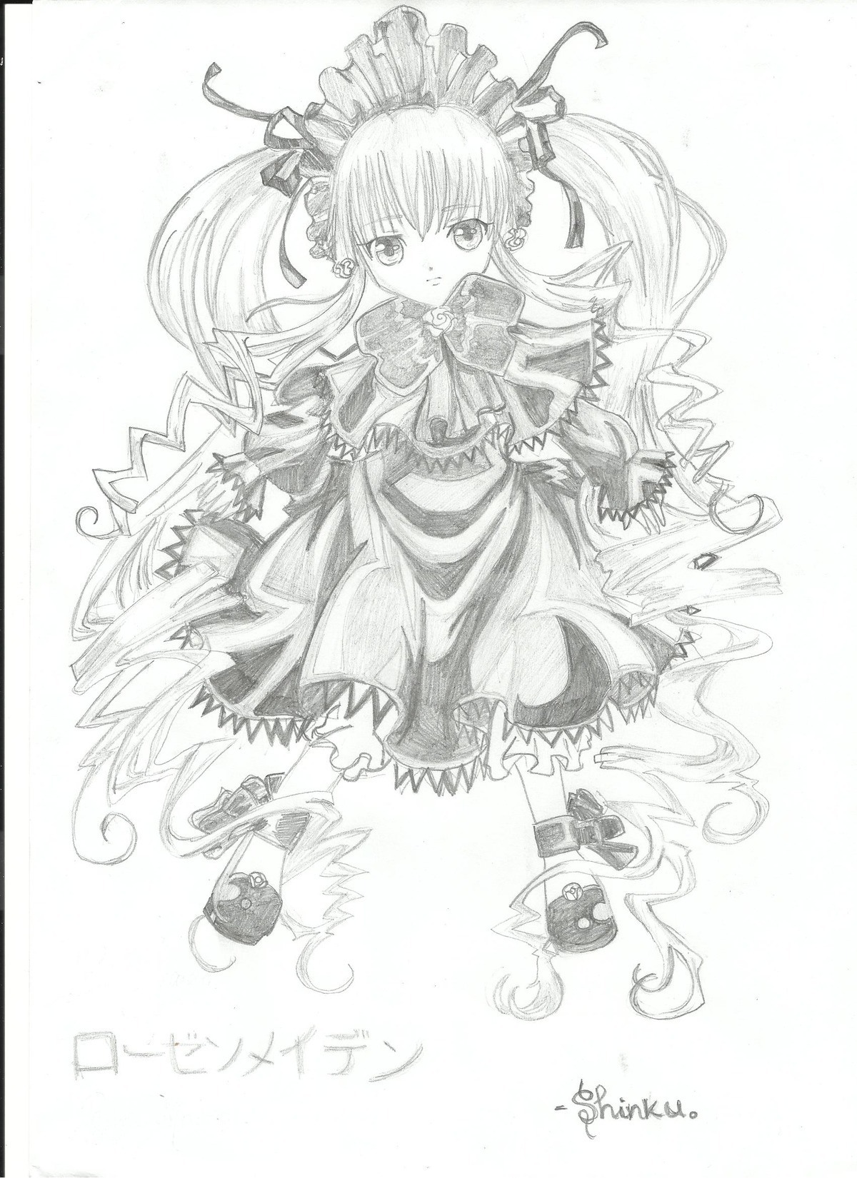 1girl bow dress greyscale image long_hair long_sleeves monochrome open_mouth shinku solo standing striped traditional_media twintails very_long_hair