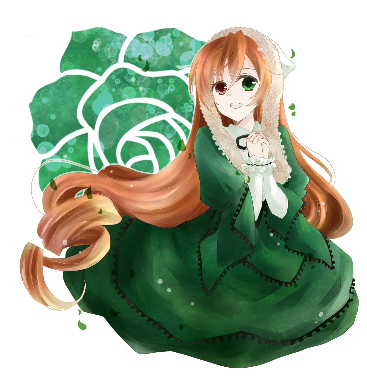 1girl :d brown_hair dress drill_hair frills green_dress green_eyes hands_clasped heterochromia image long_hair long_sleeves open_mouth own_hands_together red_eyes smile solo suiseiseki twin_drills very_long_hair