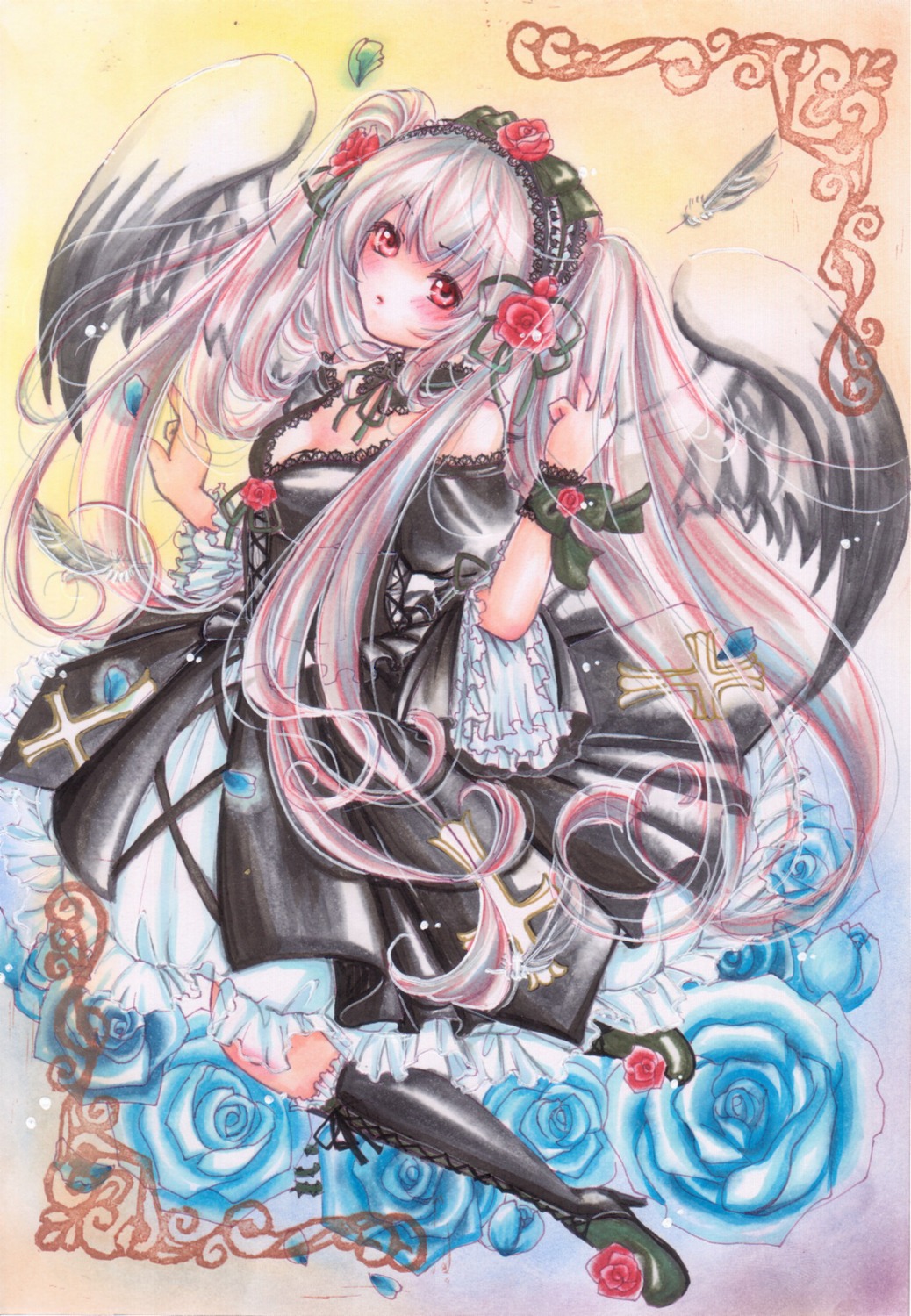 1girl blue_flower blue_rose blush breasts cleavage dress flower frills gothic_lolita hair_ornament hairband image lolita_fashion long_hair marker_(medium) red_eyes red_flower red_rose rose solo suigintou traditional_media very_long_hair wings