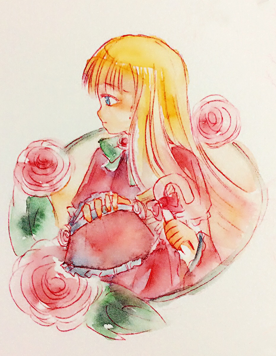 1girl blonde_hair blue_eyes candy dress flower hat image long_hair long_sleeves mary_(ib) pink_flower pink_rose profile red_flower red_rose rose shinku solo striped traditional_media yellow_rose