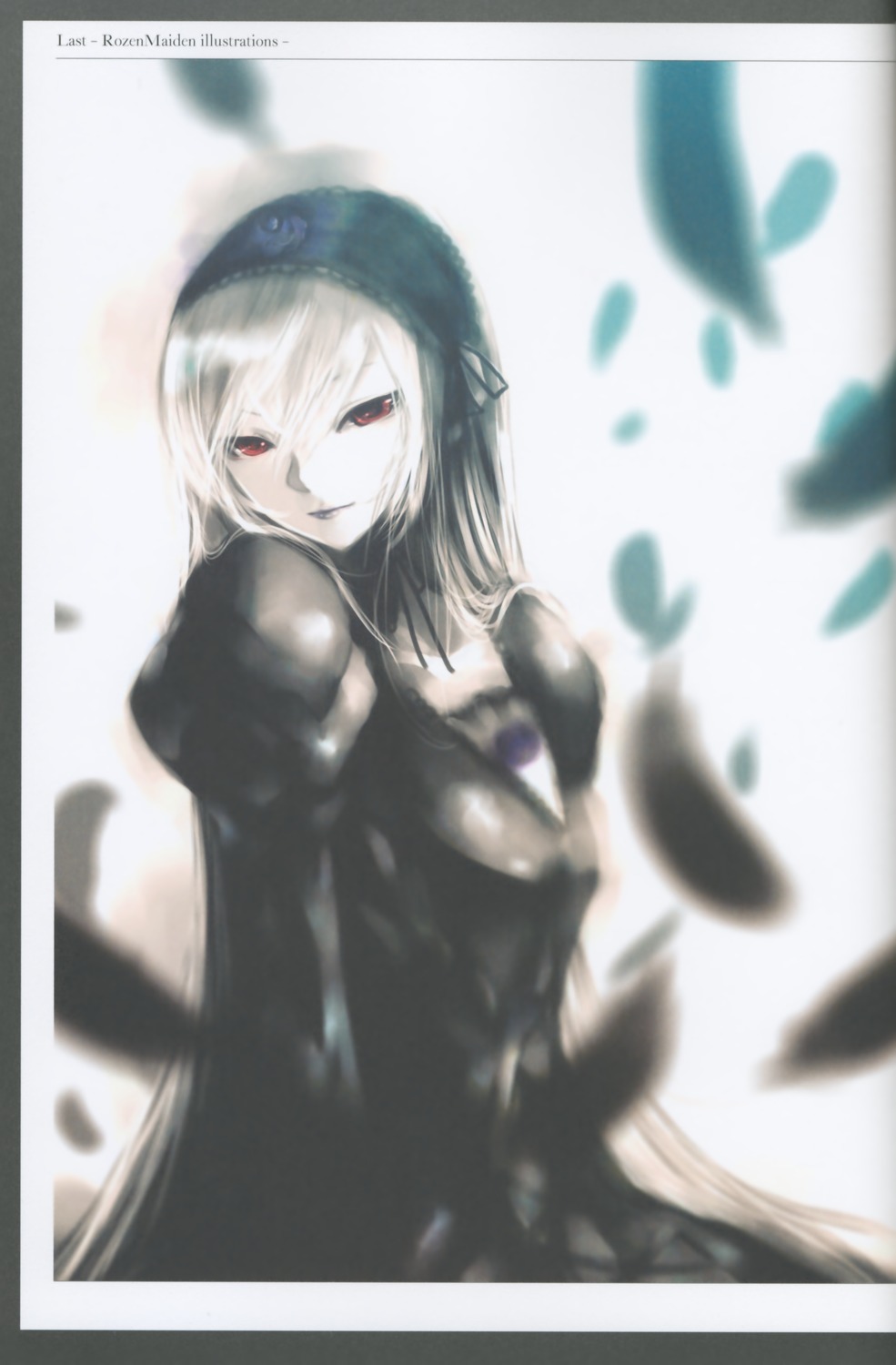 1girl black_dress blurry blurry_background blurry_foreground closed_mouth depth_of_field dress feathers image long_hair long_sleeves looking_at_viewer pale_skin red_eyes simple_background smile solo striped suigintou white_background white_hair