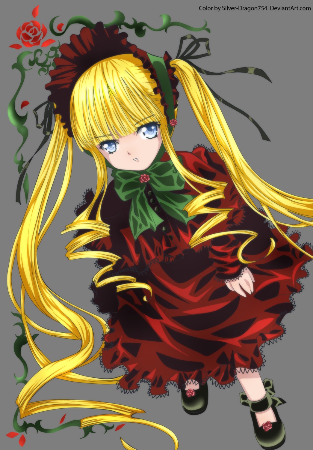 1girl auto_tagged blonde_hair blue_eyes bonnet bow bowtie dress drill_hair full_body green_bow image long_hair long_sleeves looking_at_viewer red_dress shinku shoes sidelocks solo standing transparent_background twintails