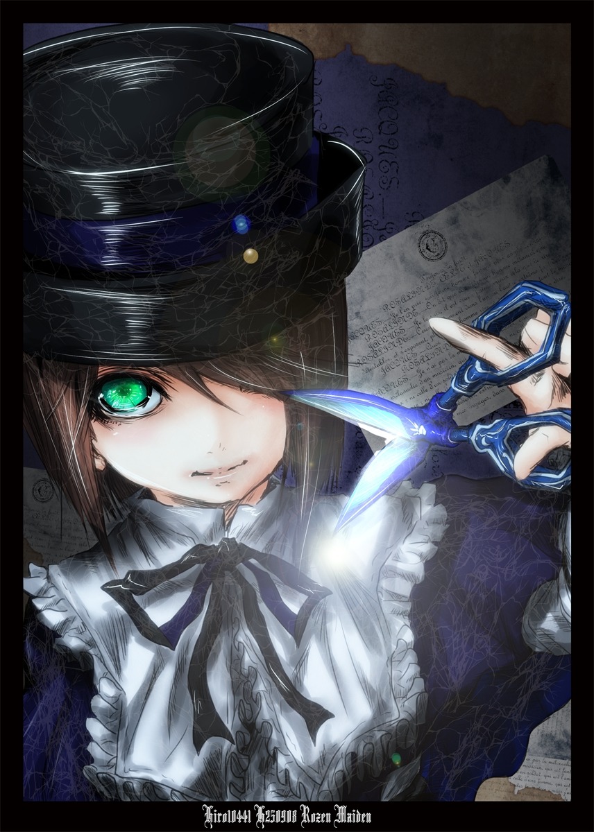 1girl brown_hair closed_mouth frills gloves green_eyes hair_over_one_eye hat image letterboxed looking_at_viewer neck_ribbon ribbon short_hair solo souseiseki top_hat