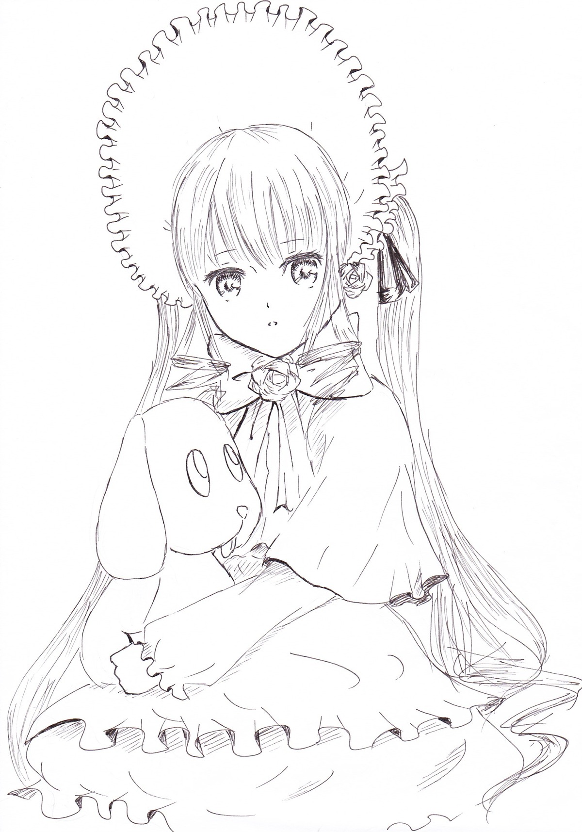 1girl bangs blush dress eyebrows_visible_through_hair flower greyscale hair_ornament hat holding image long_hair long_sleeves looking_at_viewer monochrome object_hug parted_lips shinku sleeves_past_wrists solo striped stuffed_animal twintails very_long_hair white_background