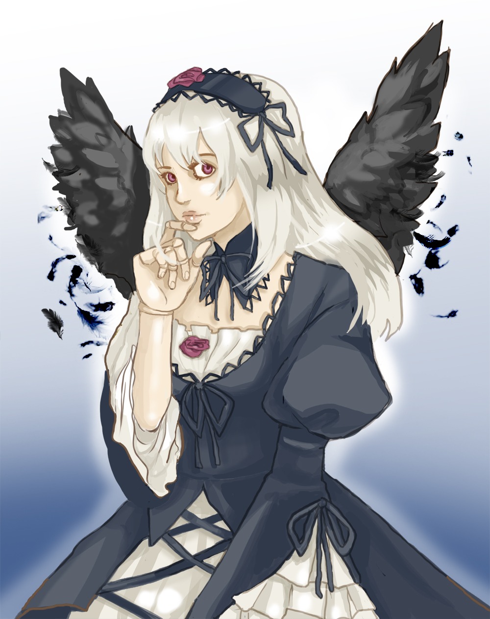 1girl auto_tagged black_wings detached_collar dress feathered_wings feathers flower frills hairband image long_hair long_sleeves pink_eyes puffy_sleeves ribbon rose silver_hair solo suigintou wings