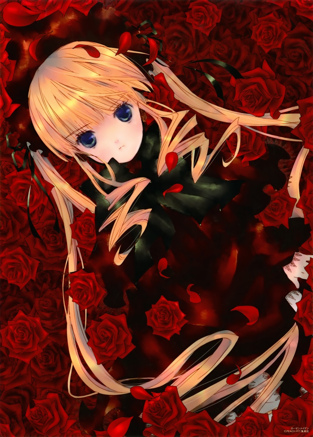 1girl 86800 blonde_hair blue_eyes drill_hair flower image long_hair petals pink_rose red_flower red_rose rose rose_petals shinku solo thorns twin_drills twintails vines