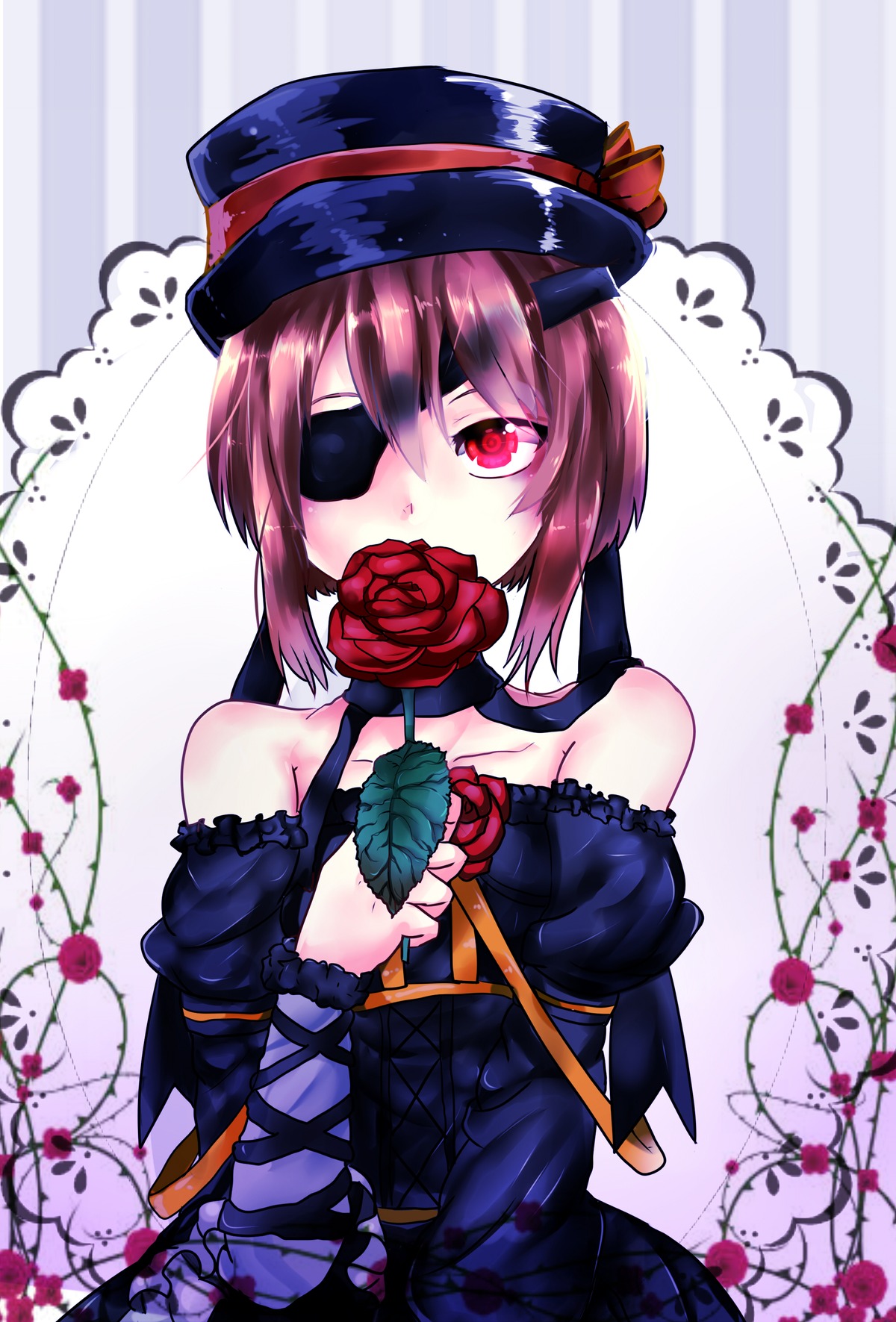 1girl bare_shoulders black_dress black_headwear covered_mouth detached_sleeves dress eyepatch flower hat image looking_at_viewer red_eyes red_flower red_hair red_rose rose short_hair solo souseiseki striped thorns upper_body vines