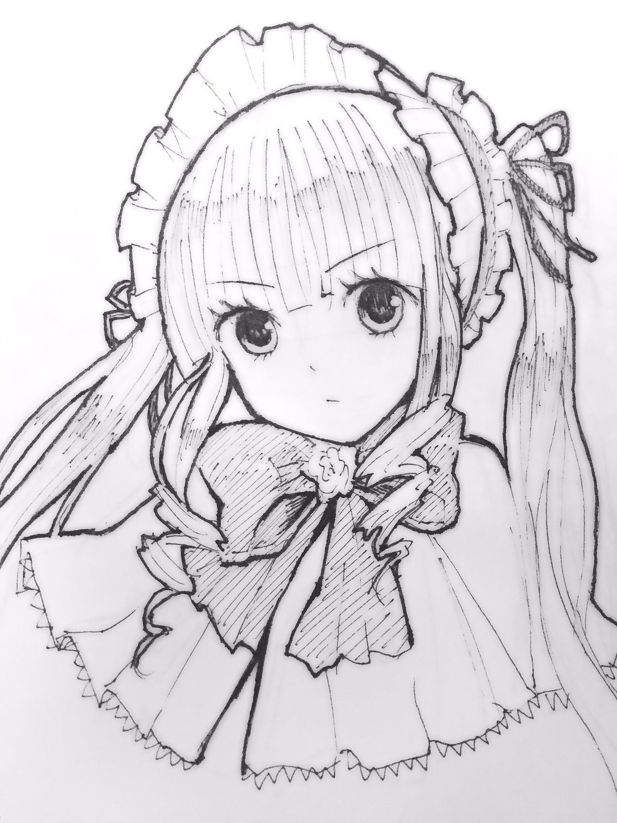 1girl drill_hair eyebrows_visible_through_hair greyscale image long_hair looking_at_viewer monochrome ribbon shinku simple_background solo traditional_media twintails upper_body